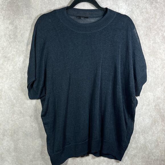 COS Sweater Womens Medium Navy Blue Knit Linen Silk‎ Blend Short Sleeve Pullover - Picture 1 of 13